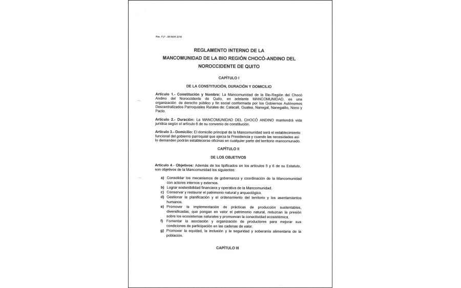 Reglamento Interno de la Mancomunidad de la Bio Región  Chocó-Andino del Noroccidente de Quito