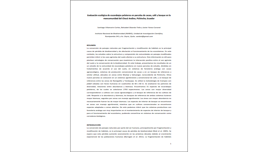 Evaluación ecológica de escarabajos peloteros en parcelas de cacao, café y bosque en la mancomunidad del Chocó Andino, Pichincha, Ecuador